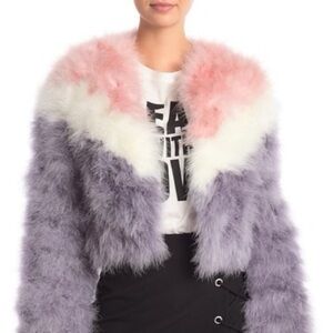 Rebecca Minkoff Pink, White, and Gray Real Fur Feather Teddy Jacket